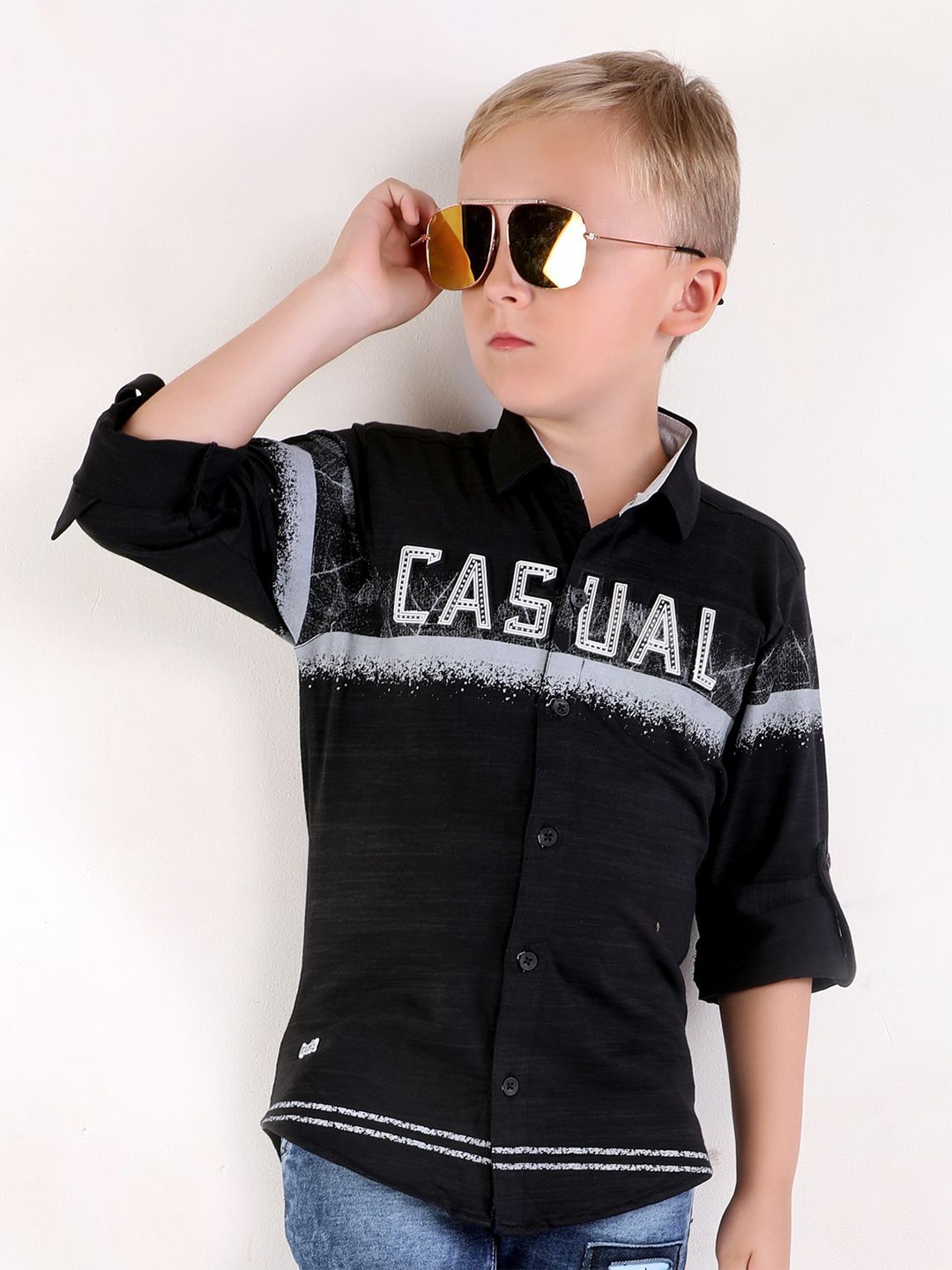 

MashUp Boys Classic Spread Collar Typography Printed Cotton Casual Shirt, Black