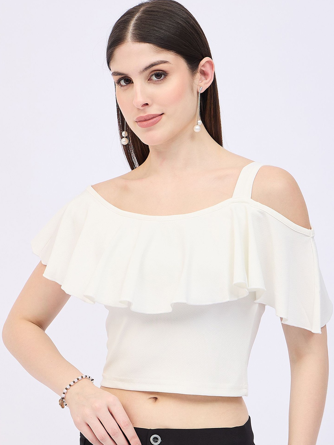 

DressBerry Women Off-Shoulder Flared Sleeve Ruffle Fitted Top, White