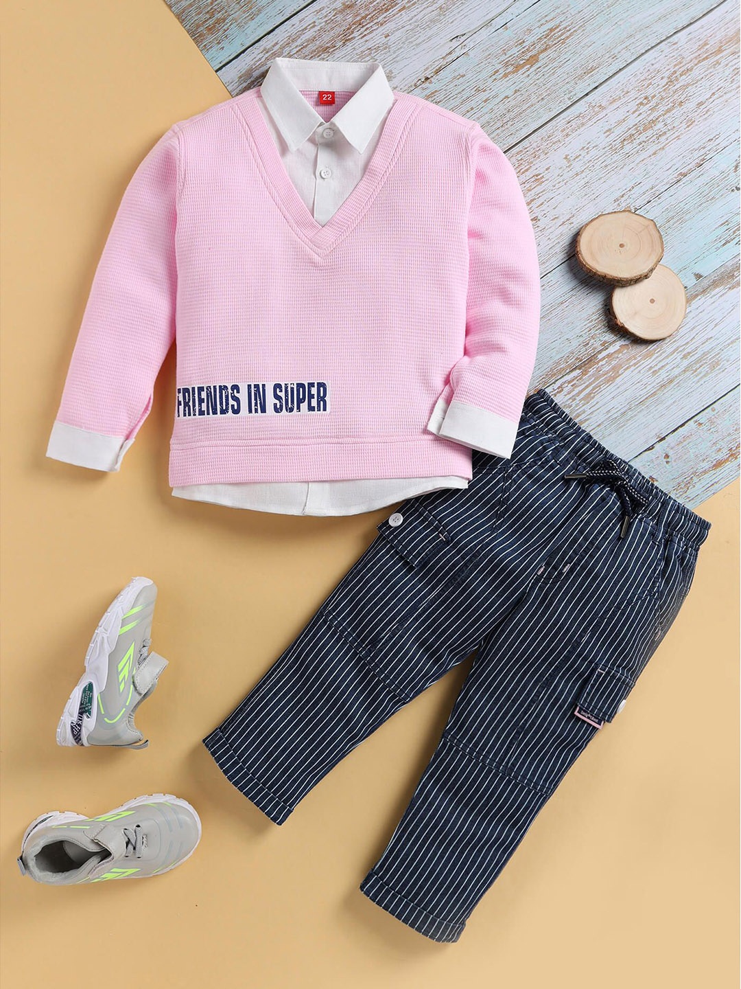 

Toonyport Boys Self Design Shirt Collar Long Sleeves T-Shirt With Trouser, Pink