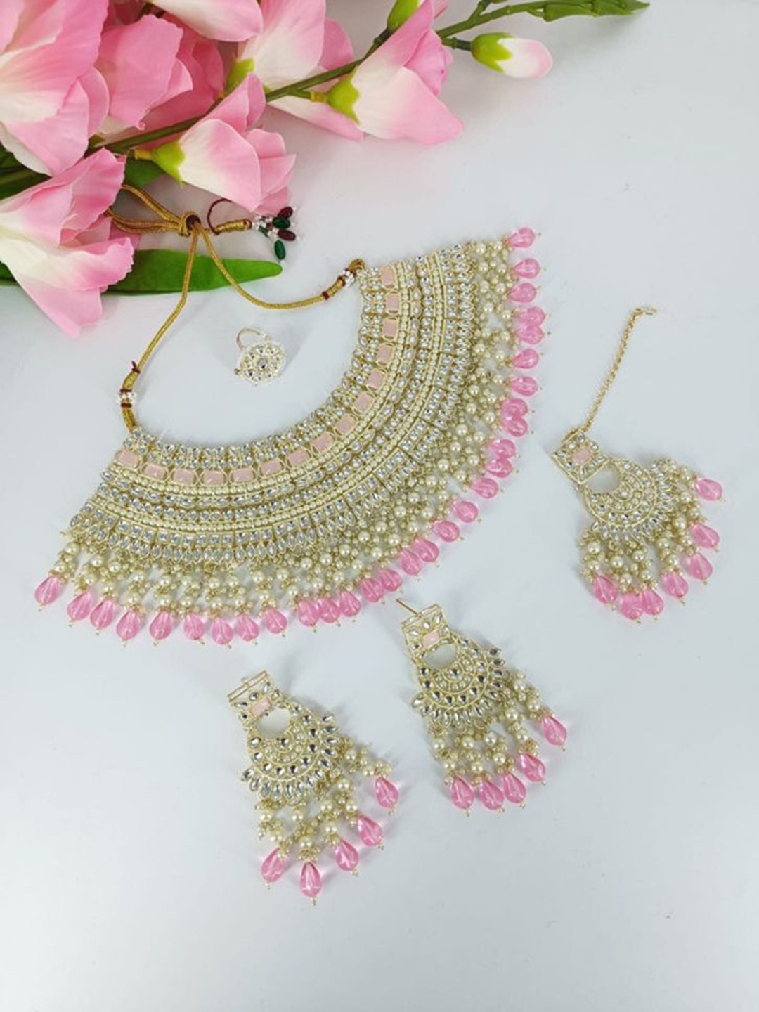 

Gyaan Jewels Gold Plated Stones Studded & Beaded Necklace and Earrings With Maang Tika