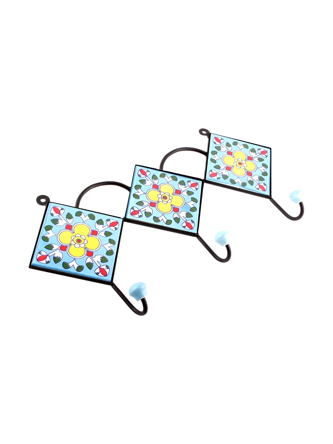 

IndianShelf Turquoise Blue Ceramic Floral Tile Wall Mounted Hooks Kitchen Hanger