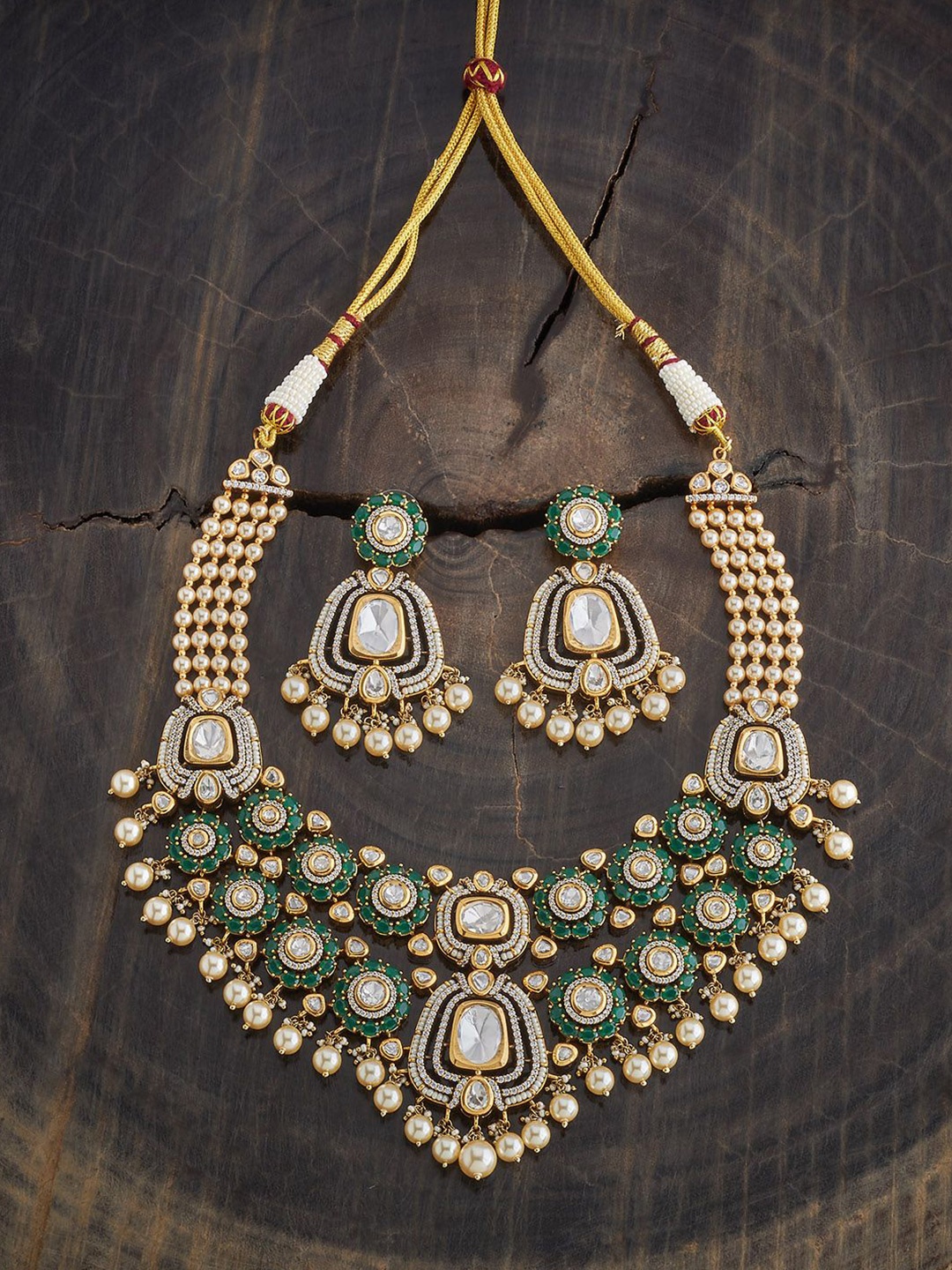 

Kushal's Fashion Jewellery Kundan Stone Studded & Beaded Necklace and Earrings, Gold