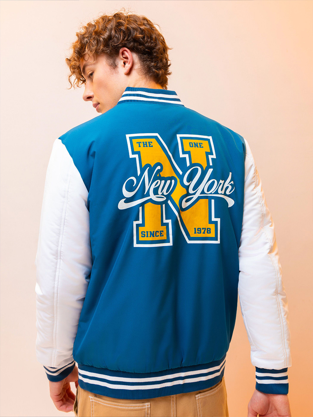 

Beyoung Men Cotton Varsity Jacket with Patchwork, Blue