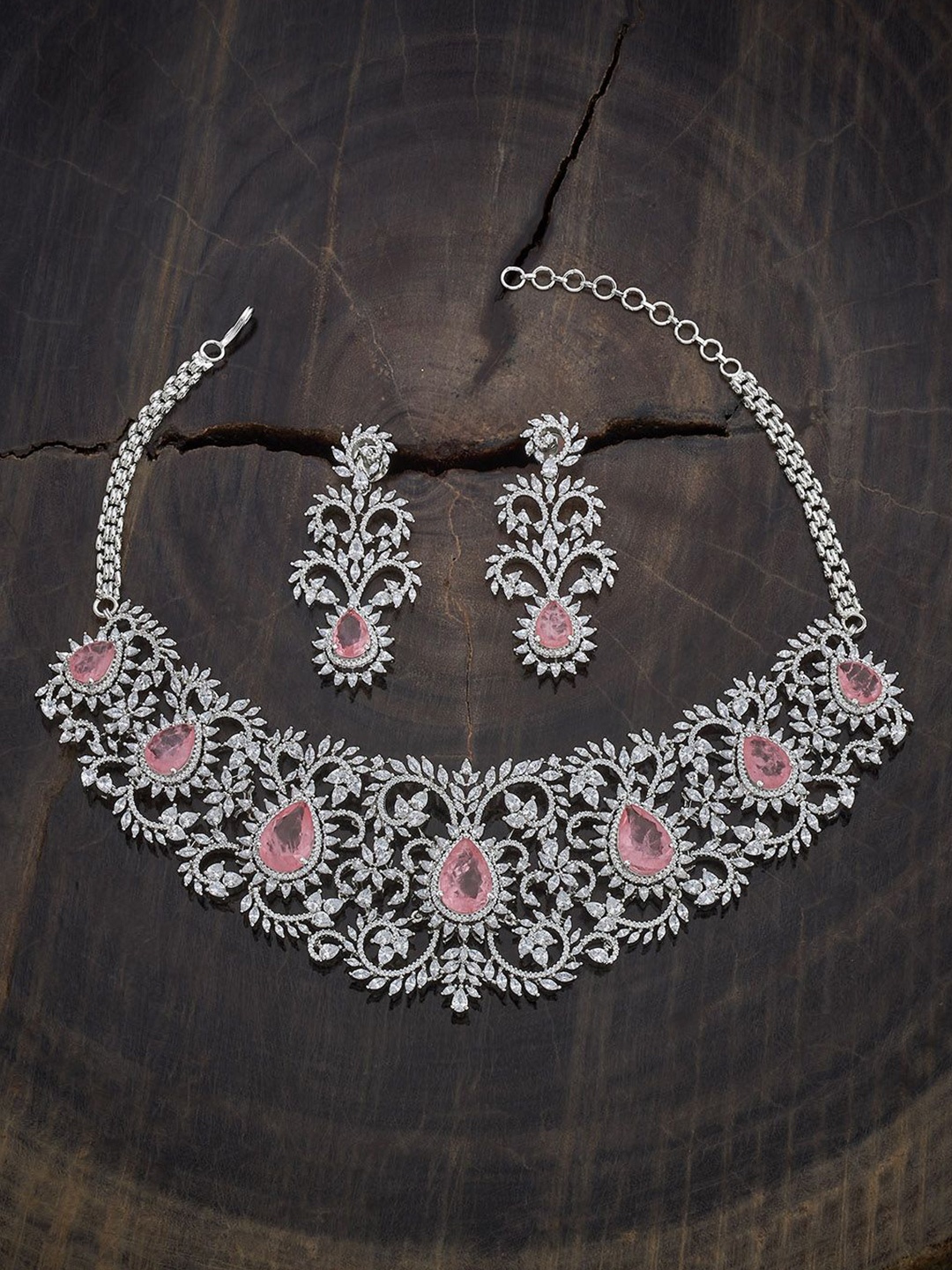 

Kushal's Fashion Jewellery Rhodium-Plated CZ-Studded Jewellery Set, Silver