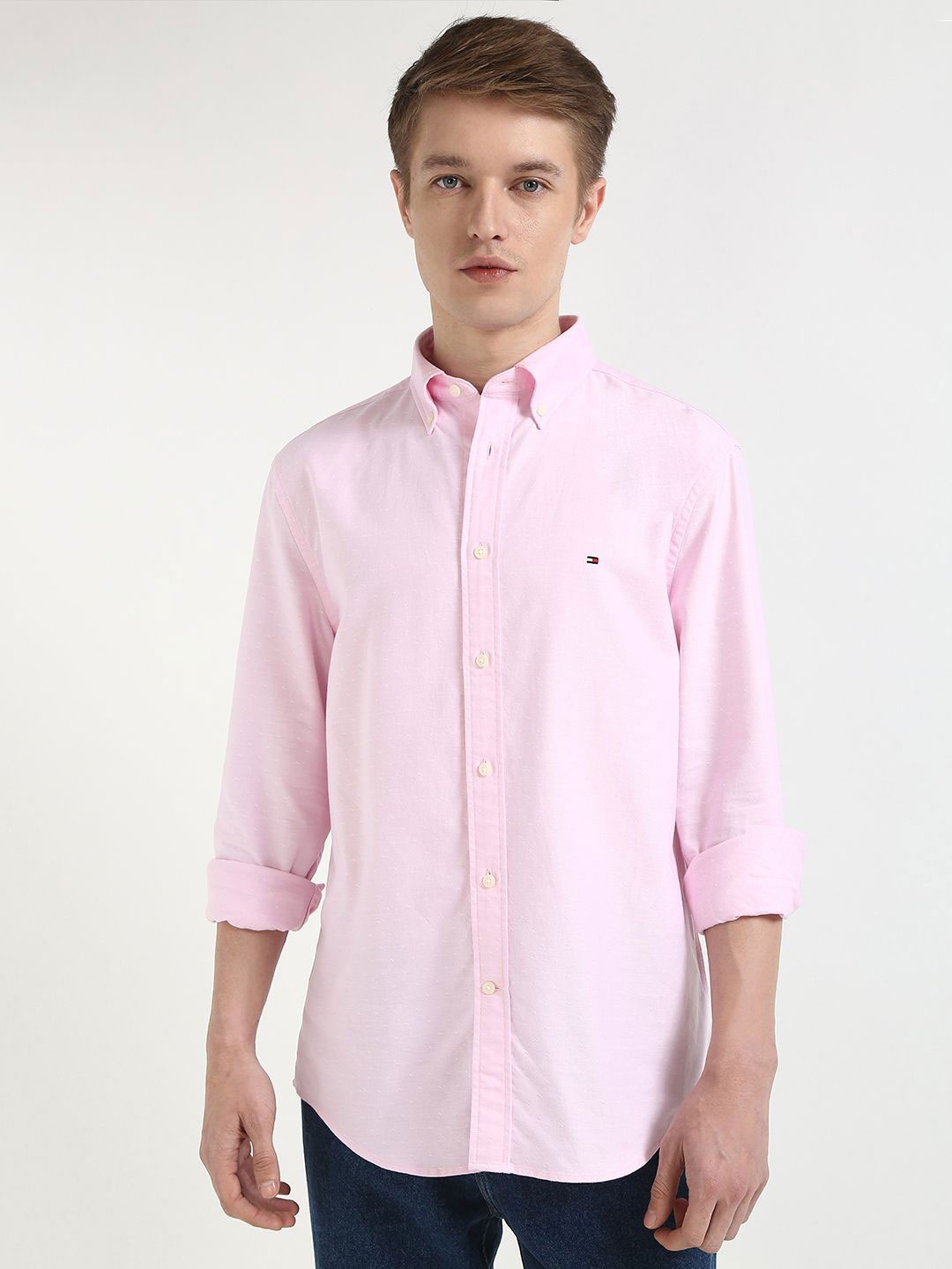 

Tommy Hilfiger Men Button-Down Collar Solid Cotton Relaxed Fit Casual Shirt, Pink