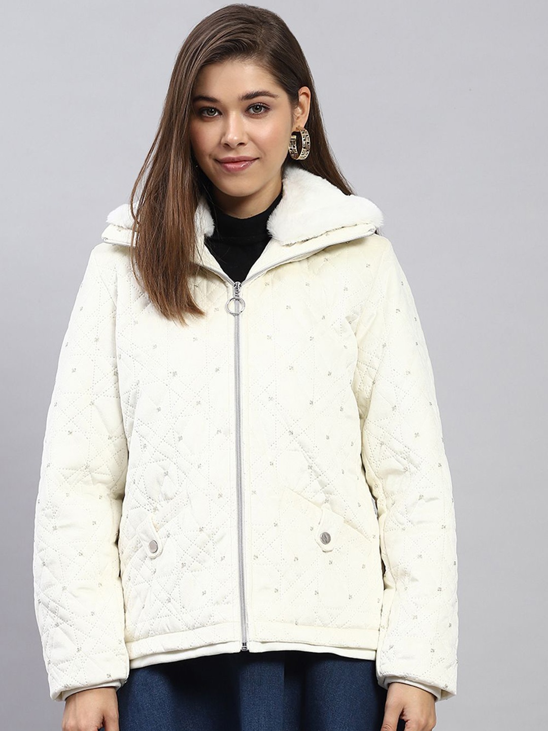 

Monte Carlo Women Mock Collar Conversational Printed Casual Tailored Jacket, White