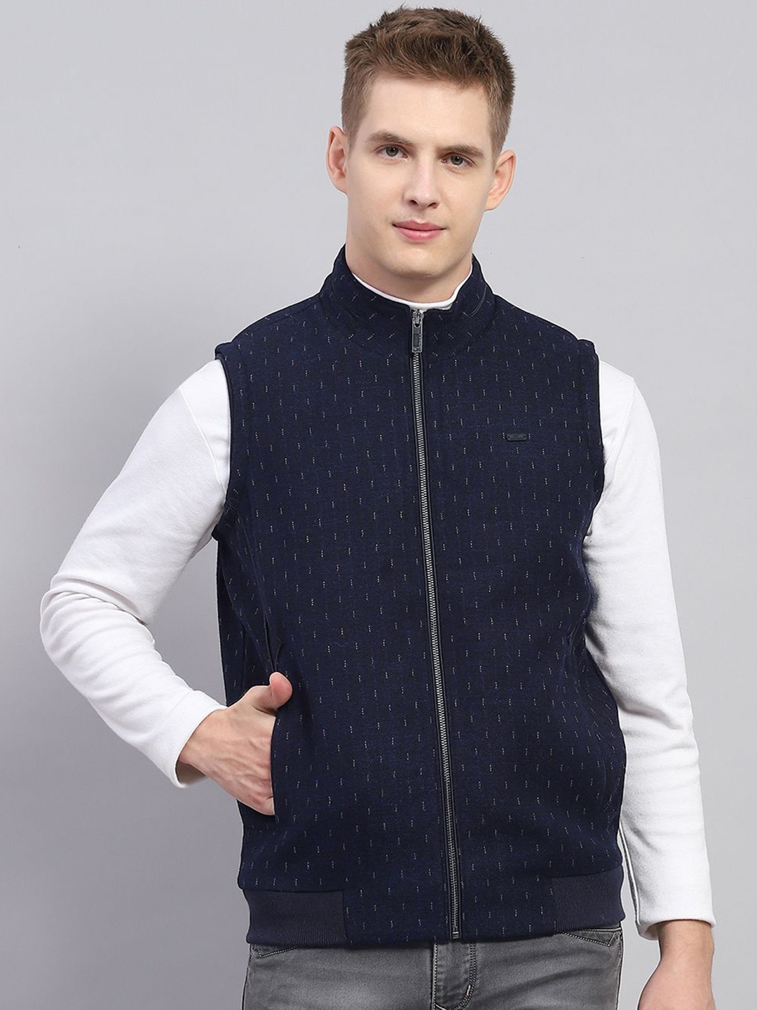 

Monte Carlo Men Mock Collar Abstract Printed Casual Bomber Jacket, Navy blue