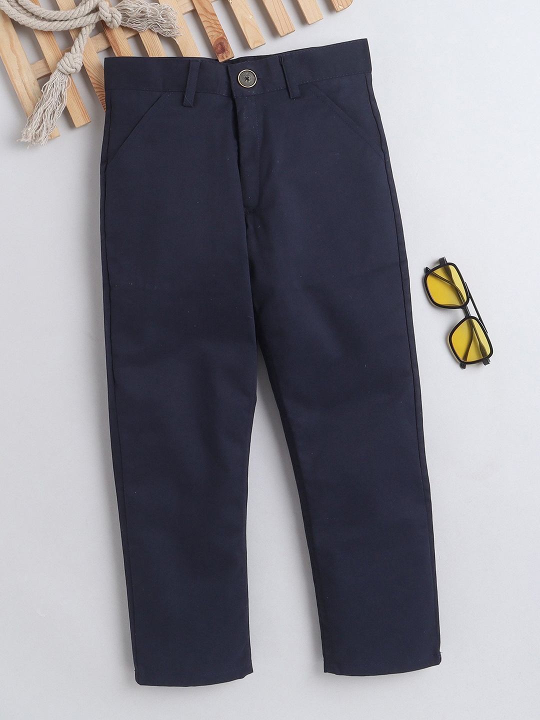 

BAATCHEET Boys Pure Cotton Mid-Rise Trousers, Navy blue