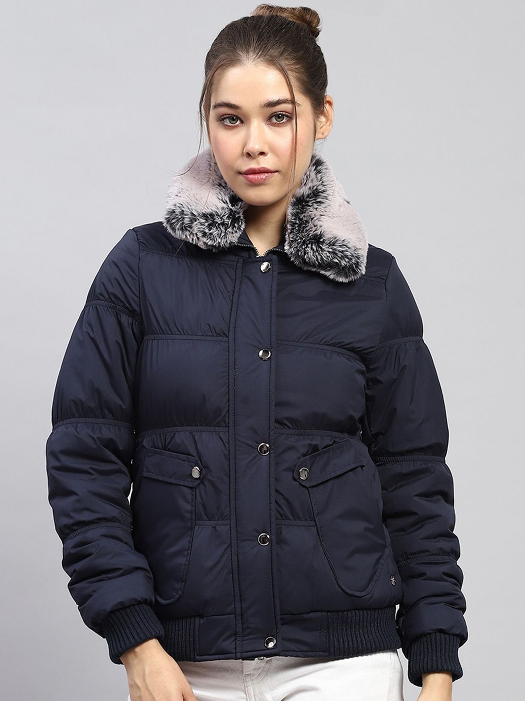 

Monte Carlo Women Mock Collar Solid Casual Puffer Jacket, Navy blue
