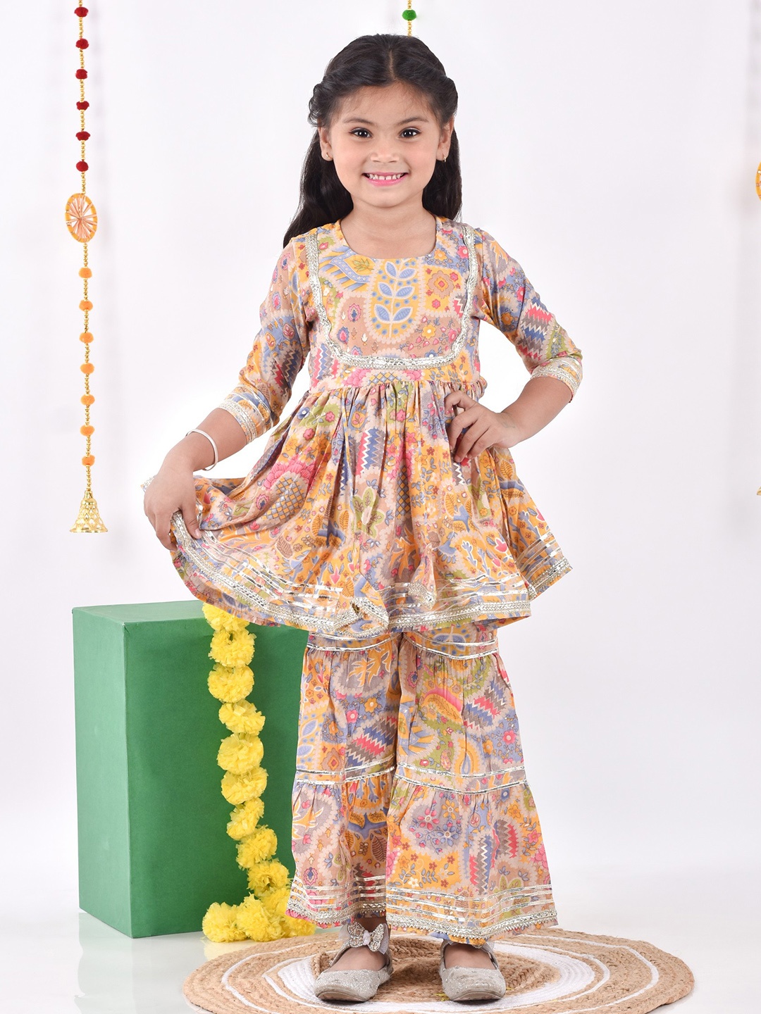 

AATYA KIIDS Girls Floral Printed Regular Gotta Patti Pure Cotton Kurti with Sharara, Brown