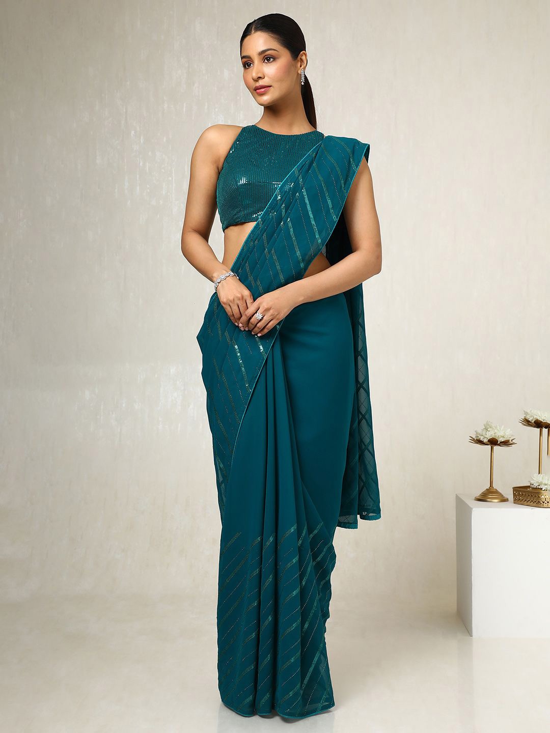 

Soch Embellished Sequinned Pure Georgette Saree, Teal