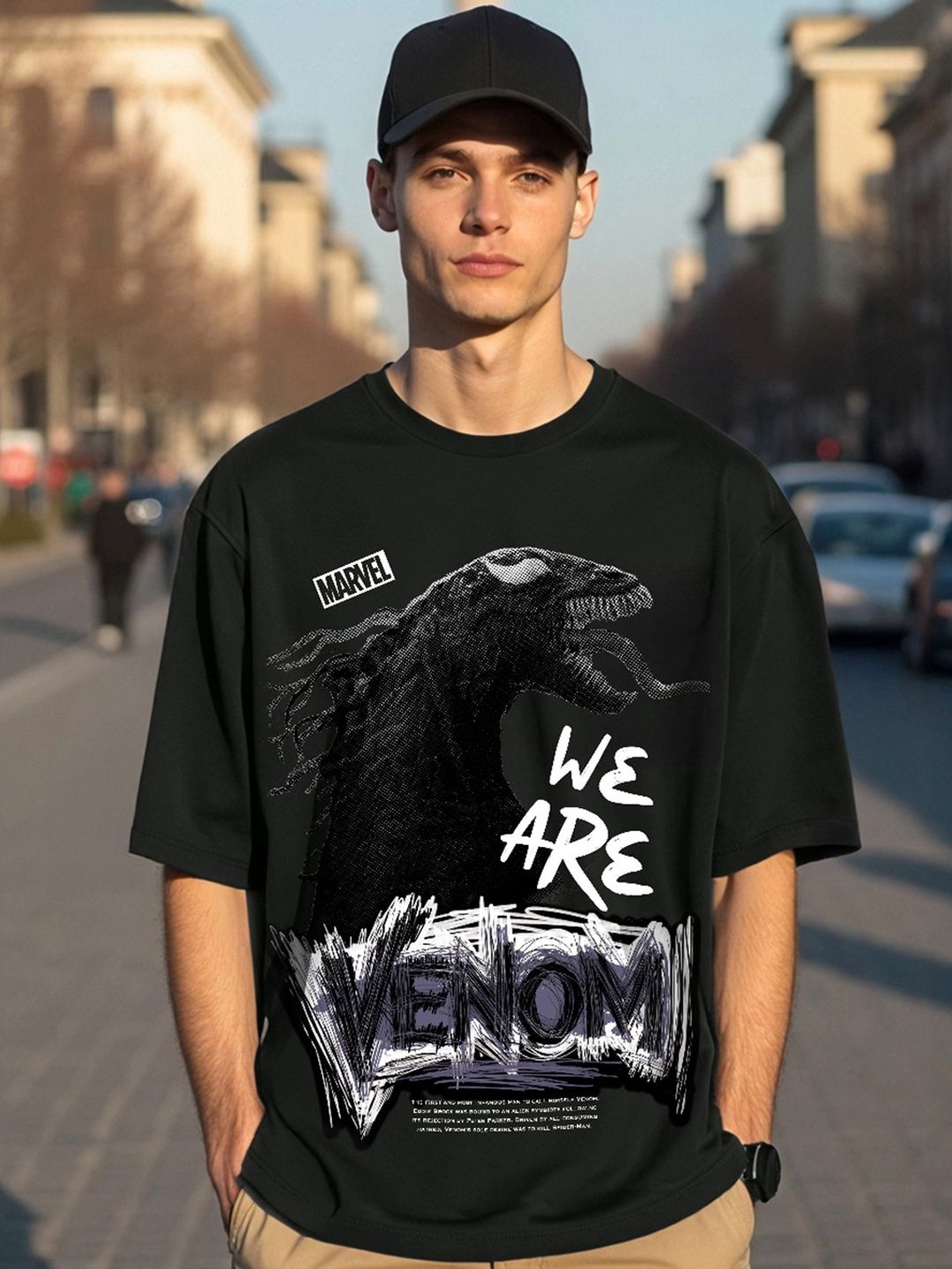 

Bewakoof Men Graphic Printed Round Neck Cotton Oversized Venom T-shirt, Black