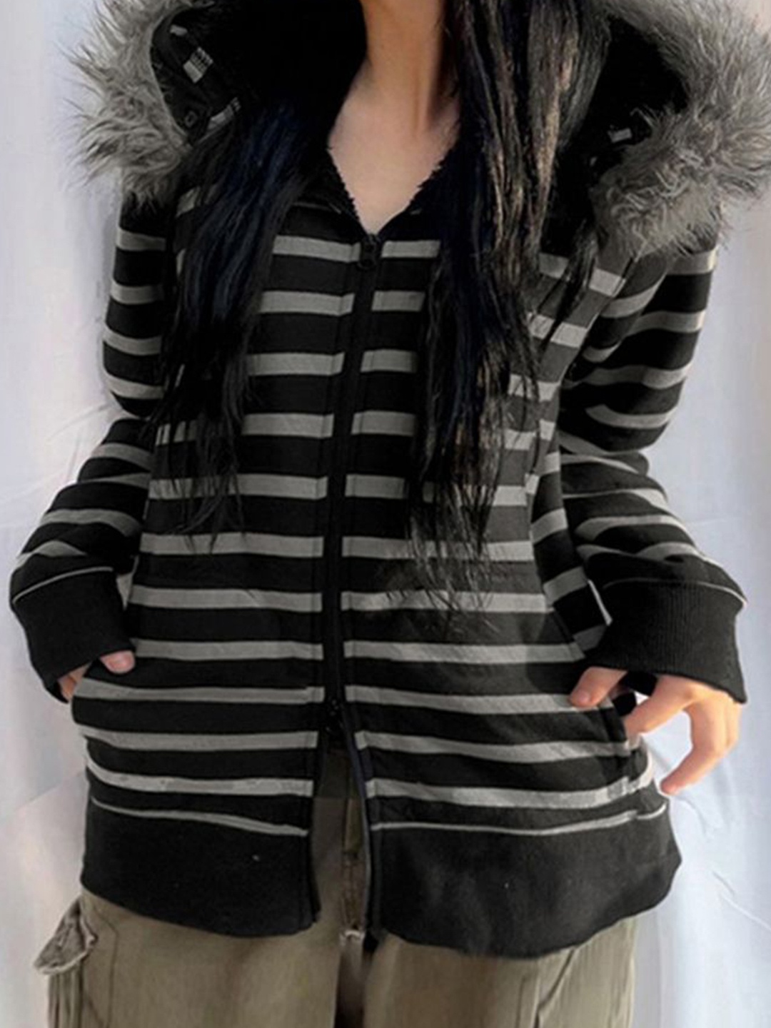 

LULU & SKY Women Hood Striped Casual Open Front Jacket, Black