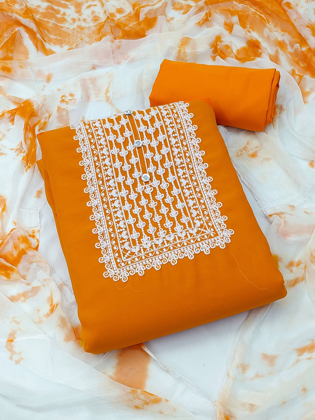 

Maroosh Floral Embroidered Thread Work Unstitched Dress Material, Orange