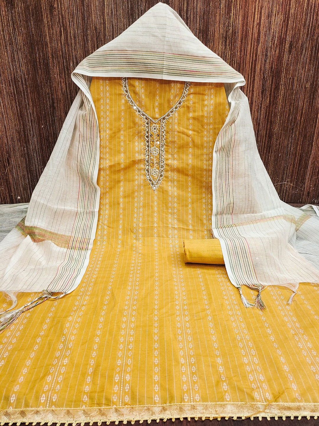 

LADY SHOPI Striped Unstitched Dress Material, Yellow