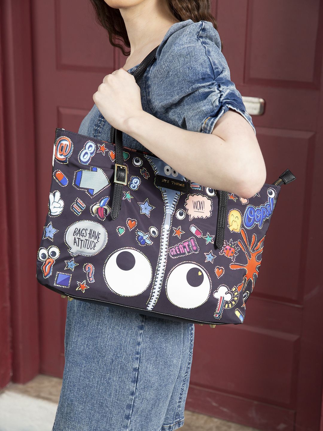 

MINI WESST Women Abstract Printed Shopper Tote Bag, Black