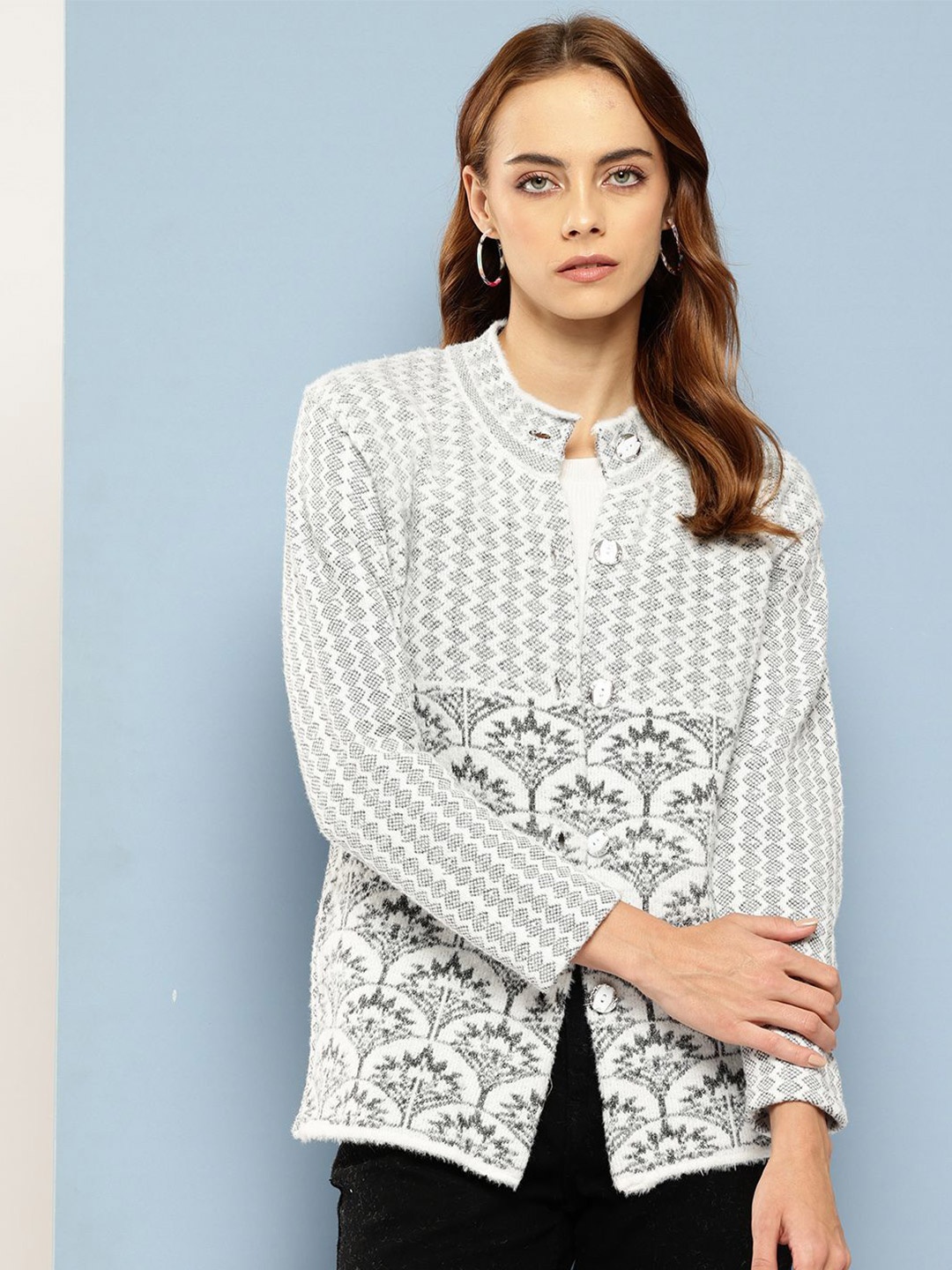 

BAESD Women Floral Self Design Woollen Cardigan Sweater, Grey
