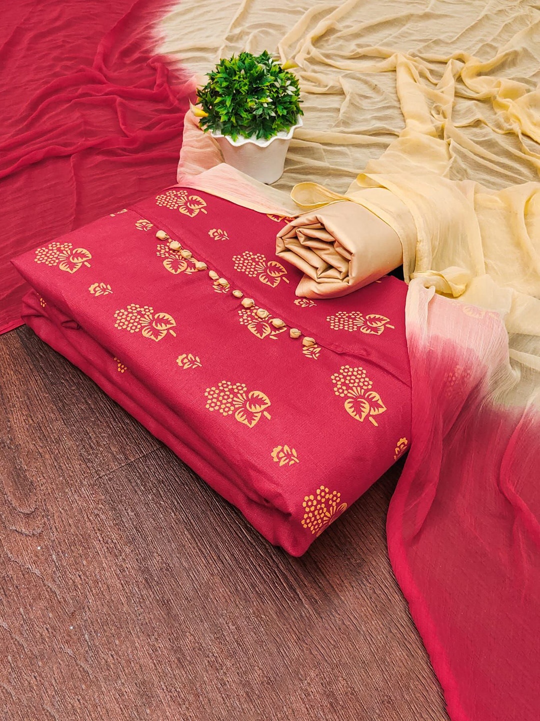 

APNISHA Ethnic Motifs Printed Unstitched Dress Material, Red