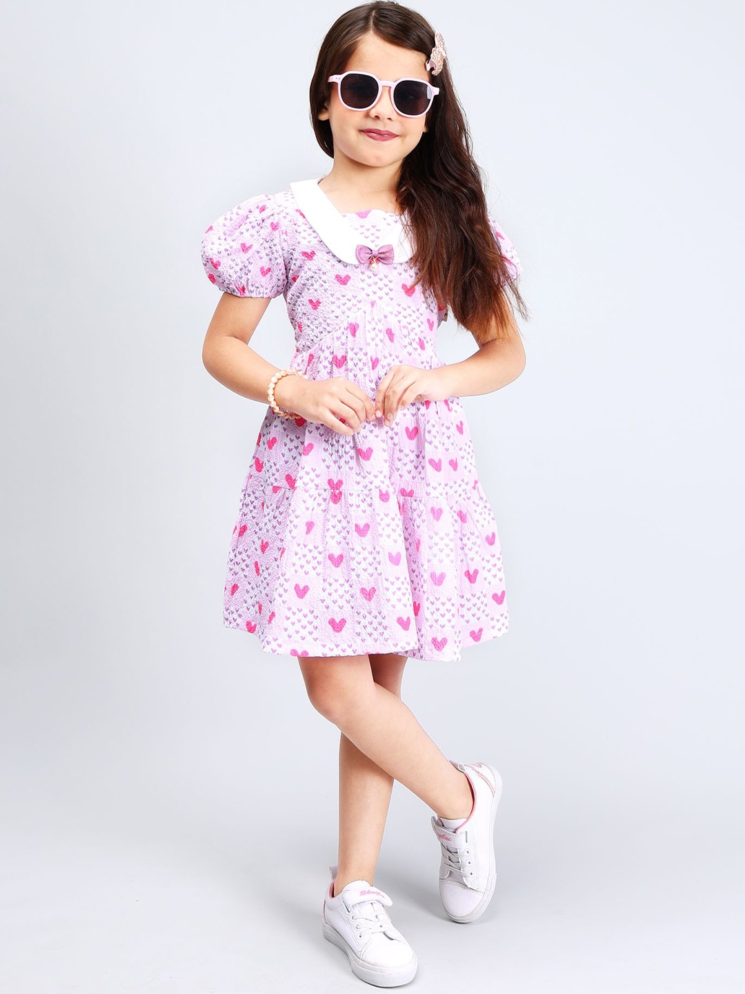 

PINK MERMAID Girls Printed Puff Sleeve A-Line Dress, Purple