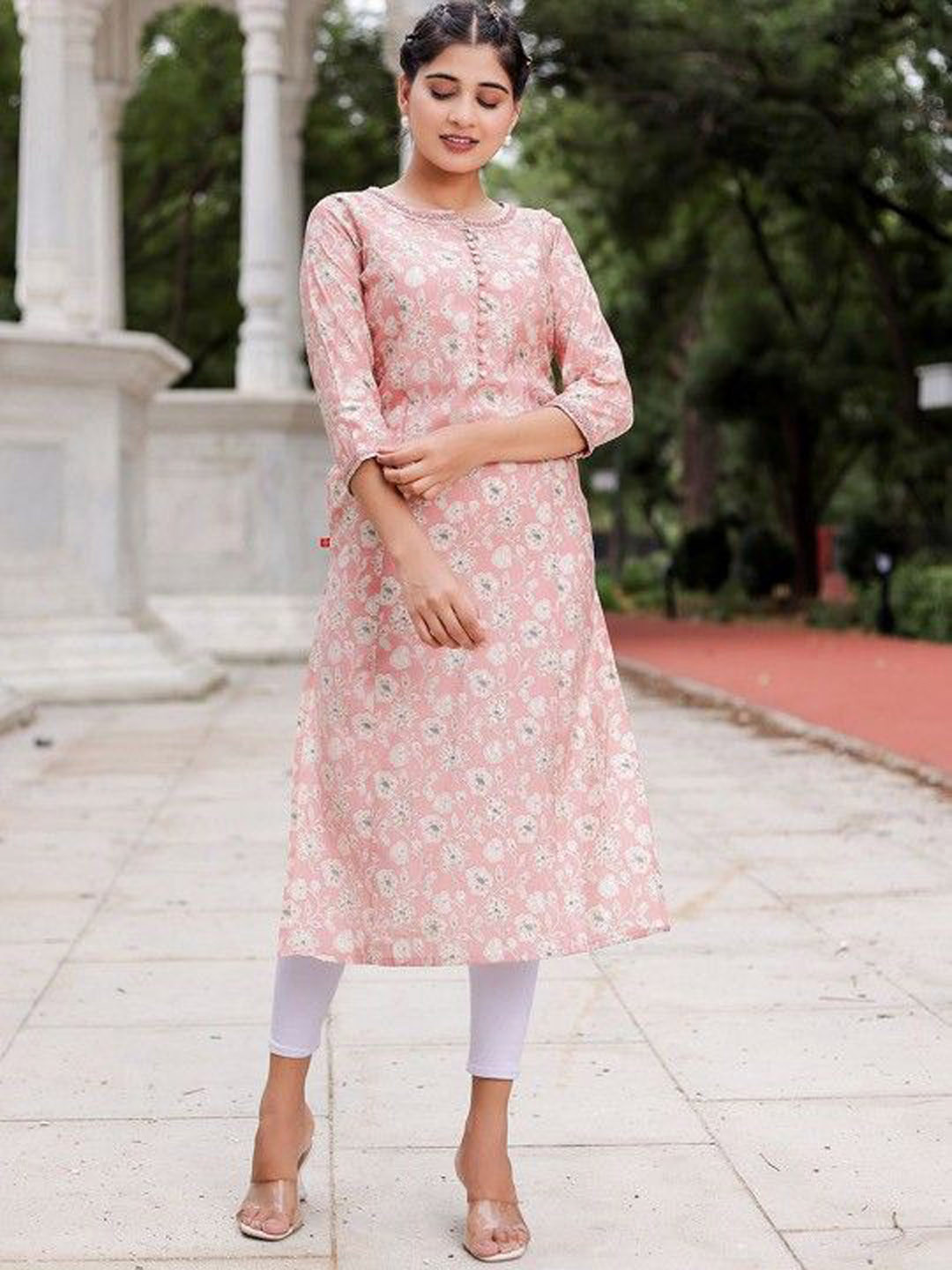 

Chandbaali Floral Printed Mirror Work Straight Cotton Kurta, Pink