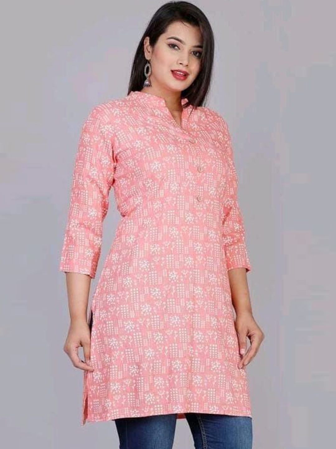 

Aarti Fashion Women Floral Printed Mandarin Collar Kurti, Pink