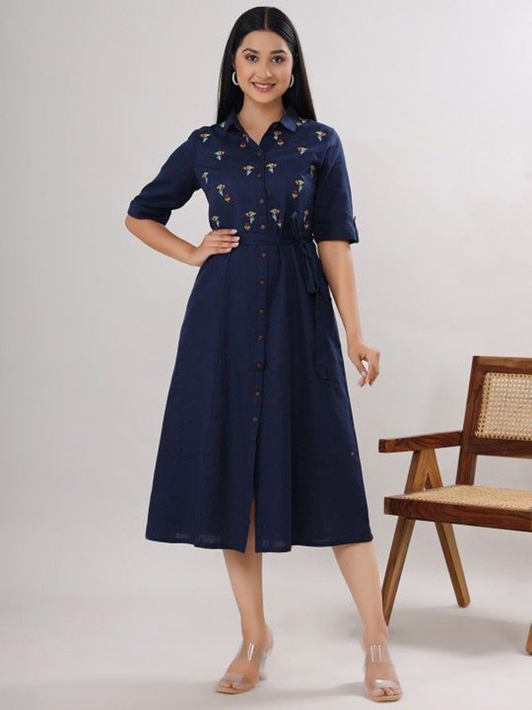 

Chandbaali Geometric Embroidered Cotton A Line Midi Dress, Navy blue