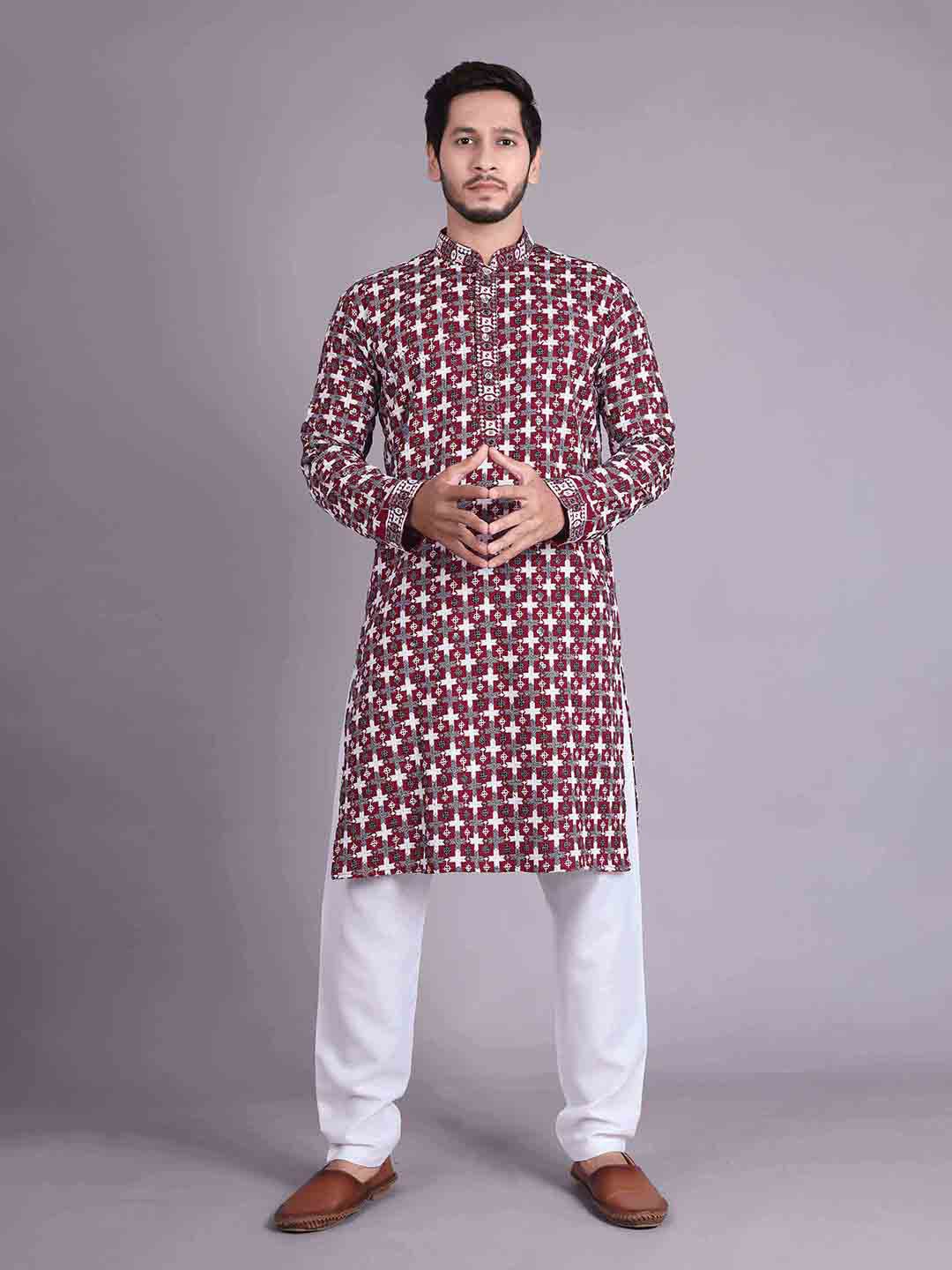 

ALMORA Ethnic Motifs Embroidered Mandarin Collar Pure Cotton Straight Kurta With Pyjama, Maroon