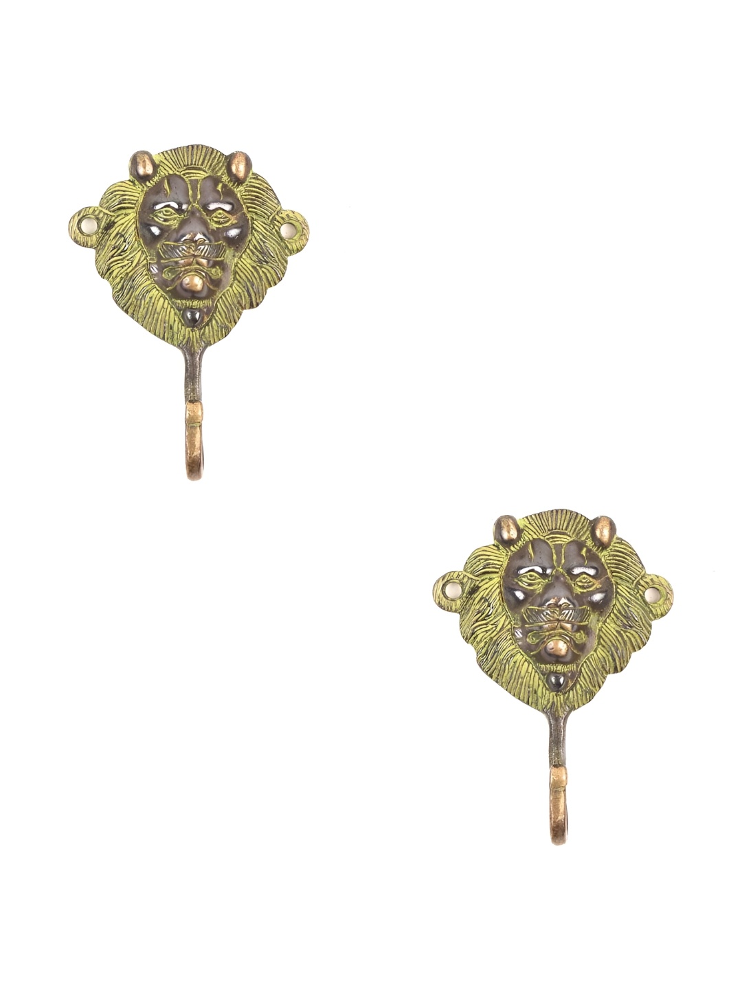 

IndianShelf Gold-Toned & Brown 2 Pieces Brass Lion Head Wall Hangings Coat Hooks