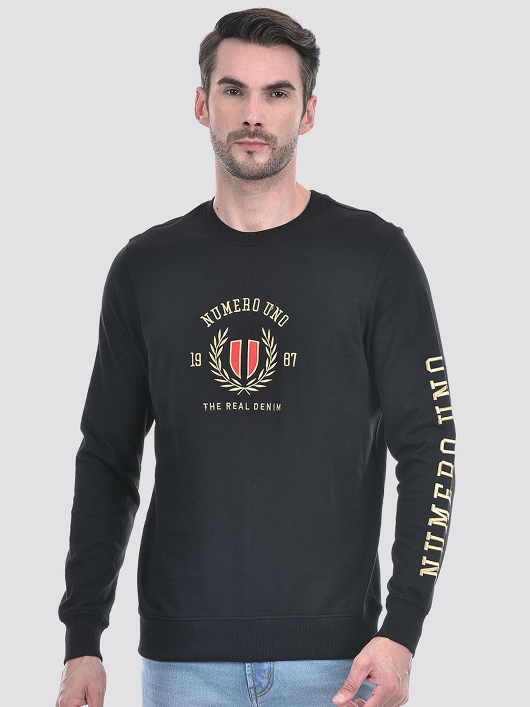 

Numero Uno Men Self Design Embroidered Cotton Sweatshirt, Black