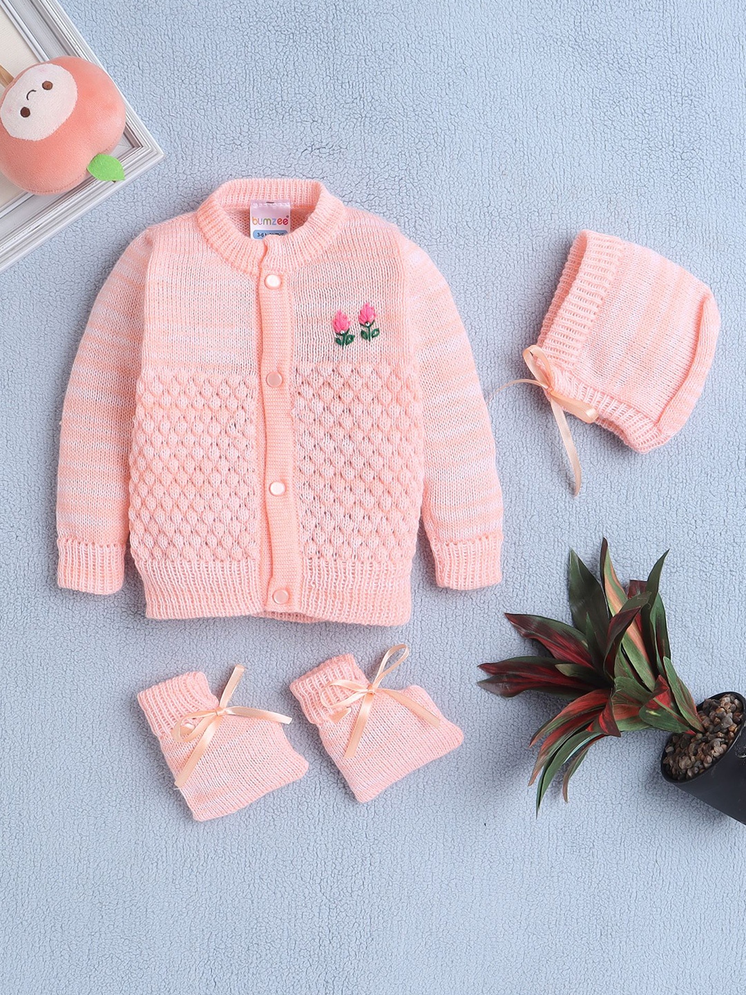 

BUMZEE Girls V-Neck Self Design Cardigan With Cap & Socks, Peach