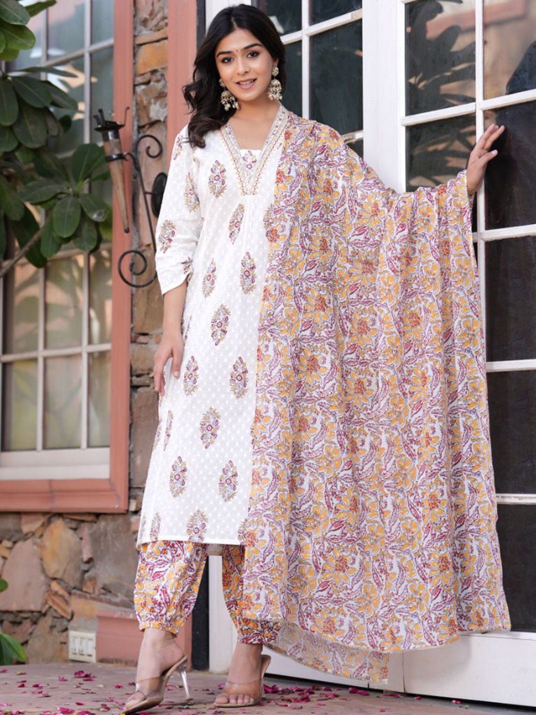 

KALINI Floral Printed Sequinned Kurta with Salwar & With Dupatta, White
