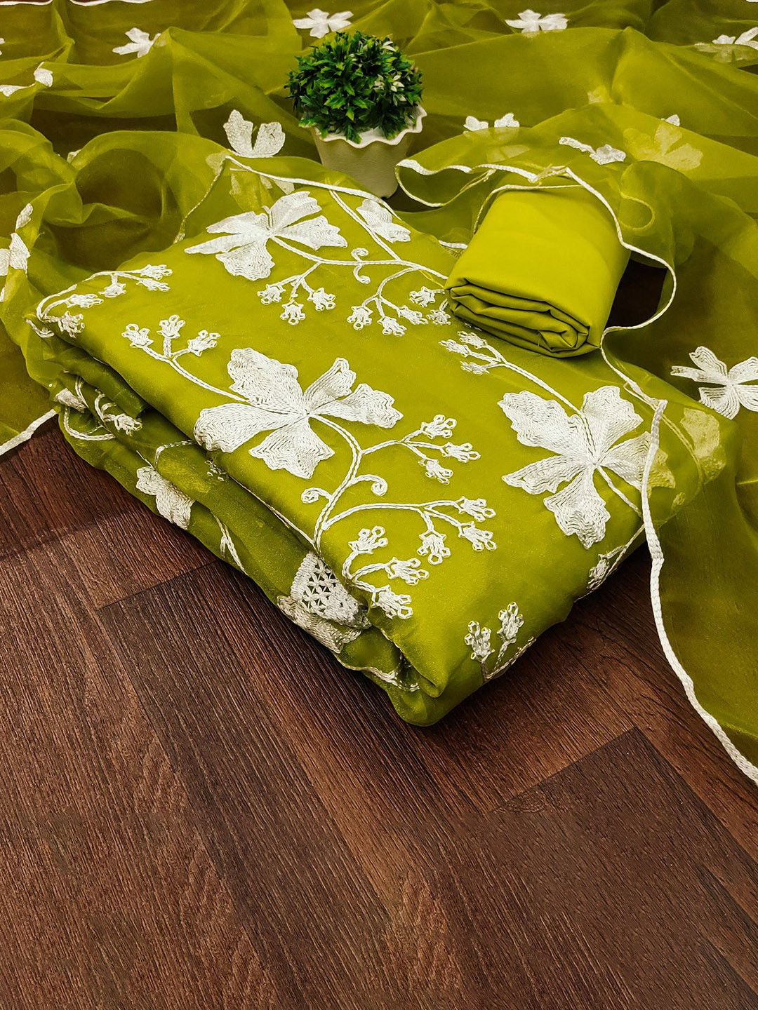 

APNISHA Floral Embroidered Organza Unstitched Dress Material, Olive