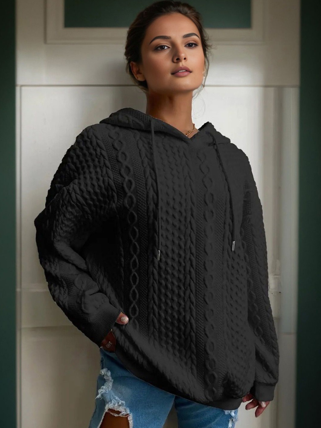 

StyleCast Women Self Design Hooded Sweatshirt, Black