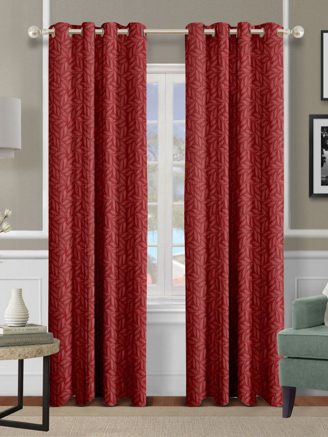 

Cortina Maroon 2 Pieces Floral Printed Emboss Long Door Curtains