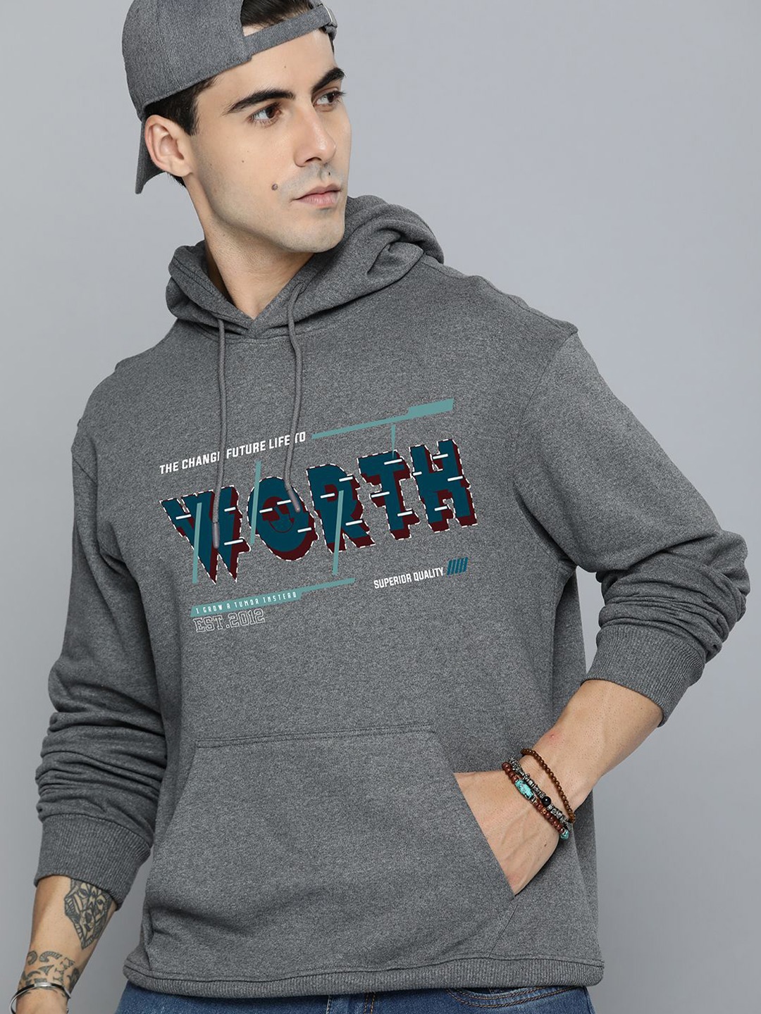 

R.Code by The Roadster Life Co. Men Typography Printed Hooded Cotton Sweatshirt, Charcoal