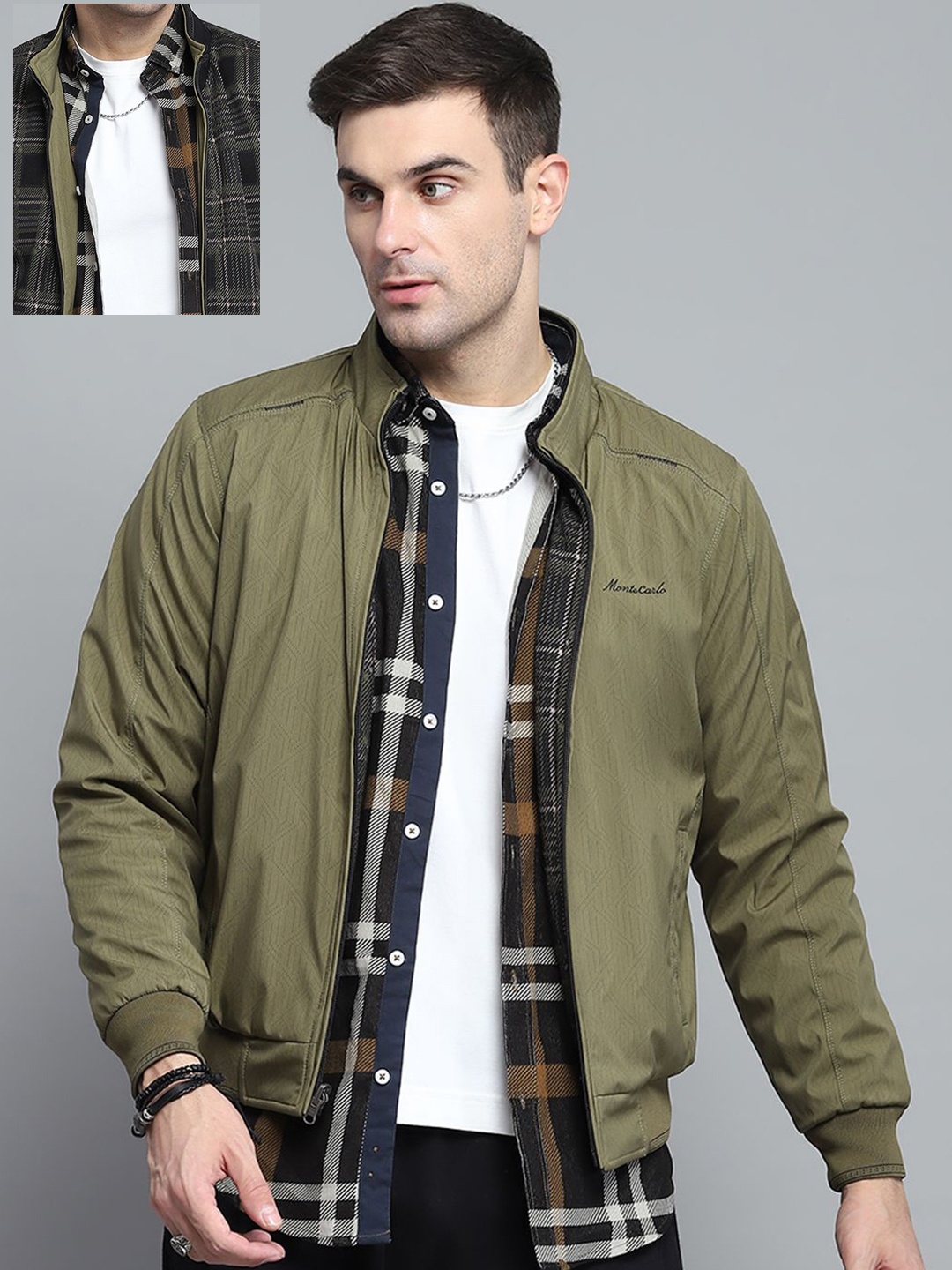 

Monte Carlo Men Mock Collar Geometric Printed Casual Bomber Reversible Jacket, Olive