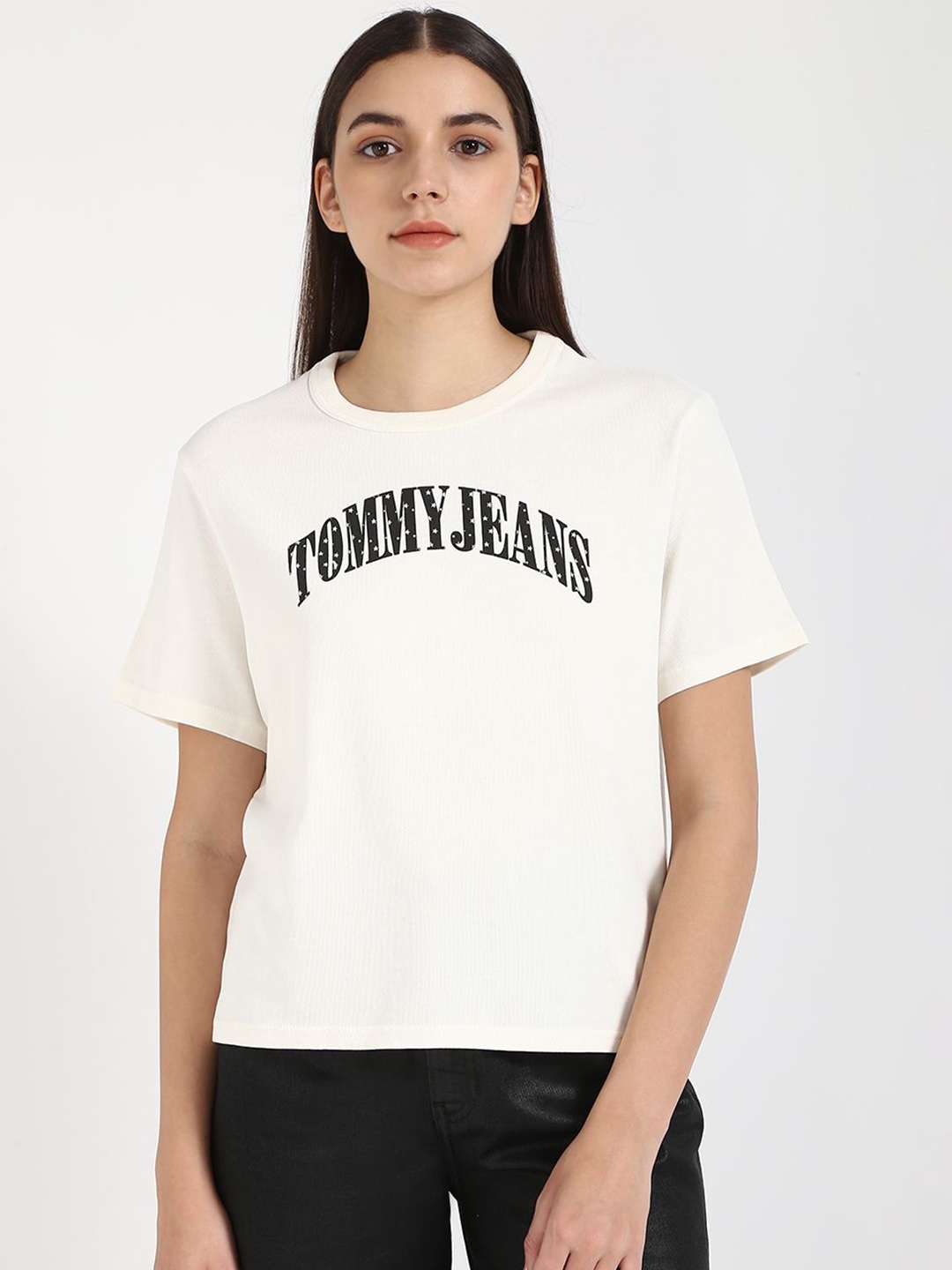 

Tommy Hilfiger Women Typography Printed Round Neck Cotton T-shirt, Off white
