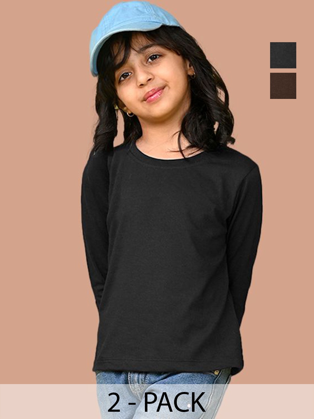 

NUSYL Girls Pack Of 2 Solid Round Neck Cotton T-shirts, Black