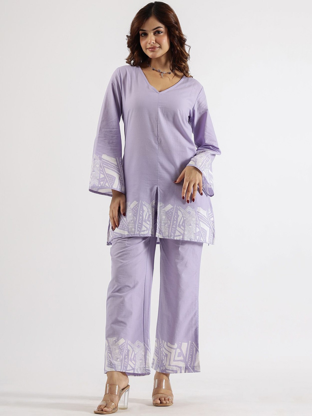 

FLAVIA CREATION Printed V-Neck Long Sleeves Pure Cotton Top With Trouser, Lavender