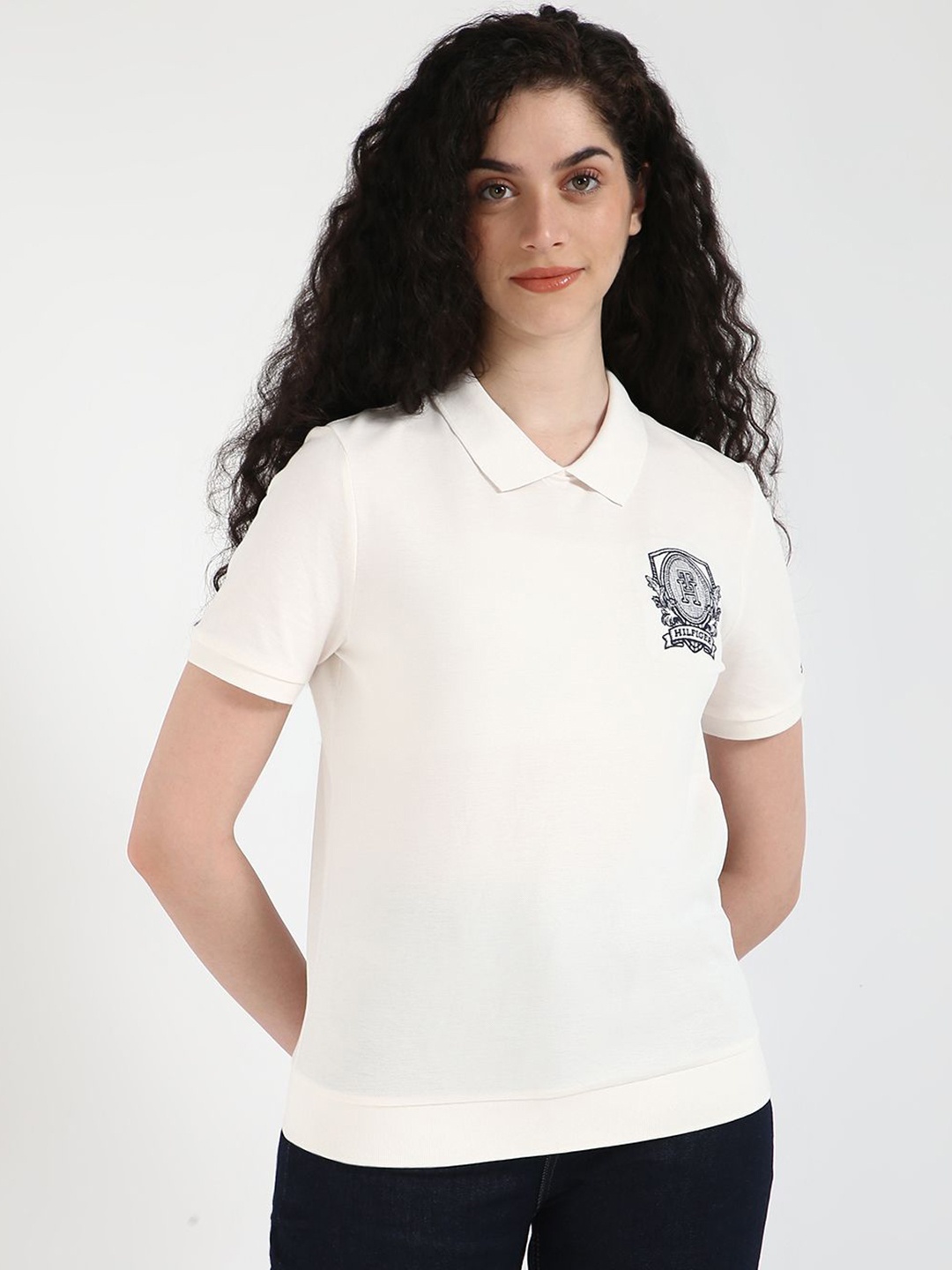 

Tommy Hilfiger Women Graphic Printed Polo Collar Cotton T-shirt, Off white