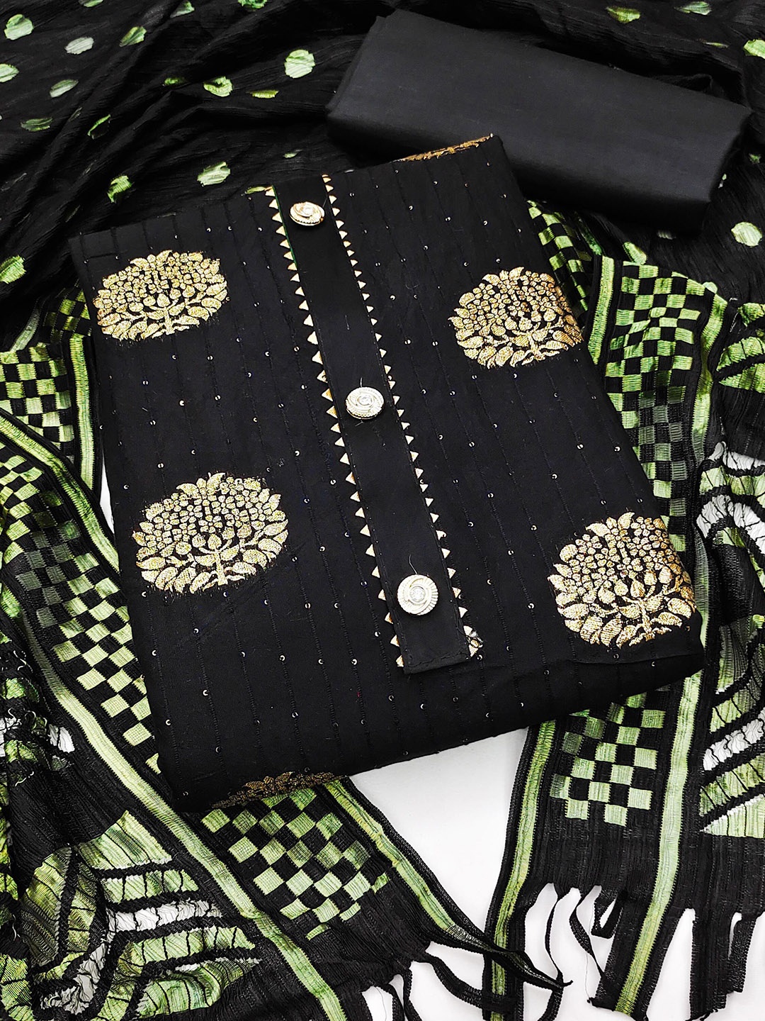 

Maroosh Ethnic Motifs Embellished Gotta Patti Cotton Jacquard Unstitched Dress Material, Black