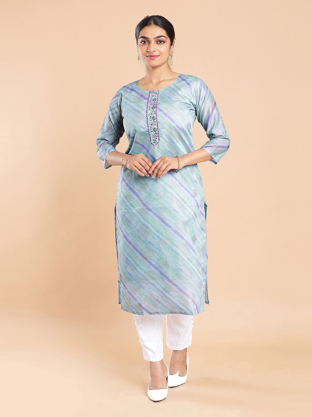 

Kalyan Silks Women Leheriya Printed Calf Length Kurtas, Blue