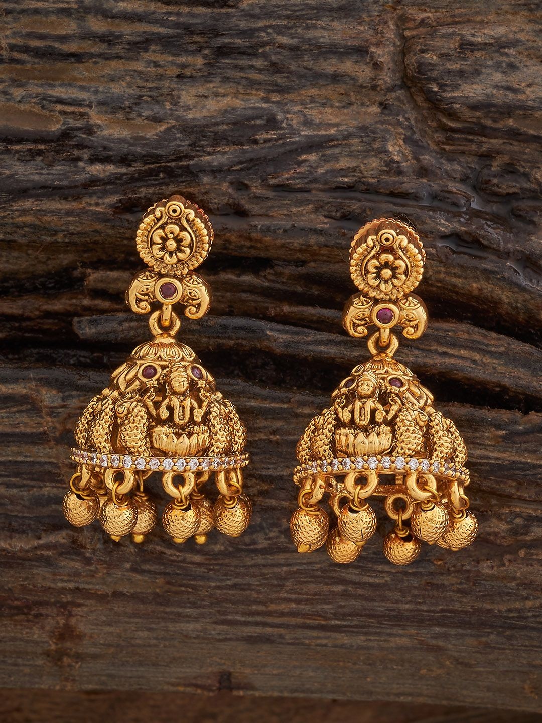 

Kushal's Fashion Jewellery Gold-Plated Stone Studded Lakshmi Goddess Antique Jhumkas