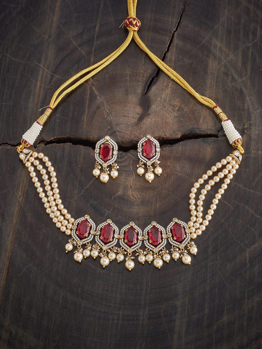 

Kushal's Fashion Jewellery Kundan Ruby Stone Studded & Beaded Jewellery Set, Gold