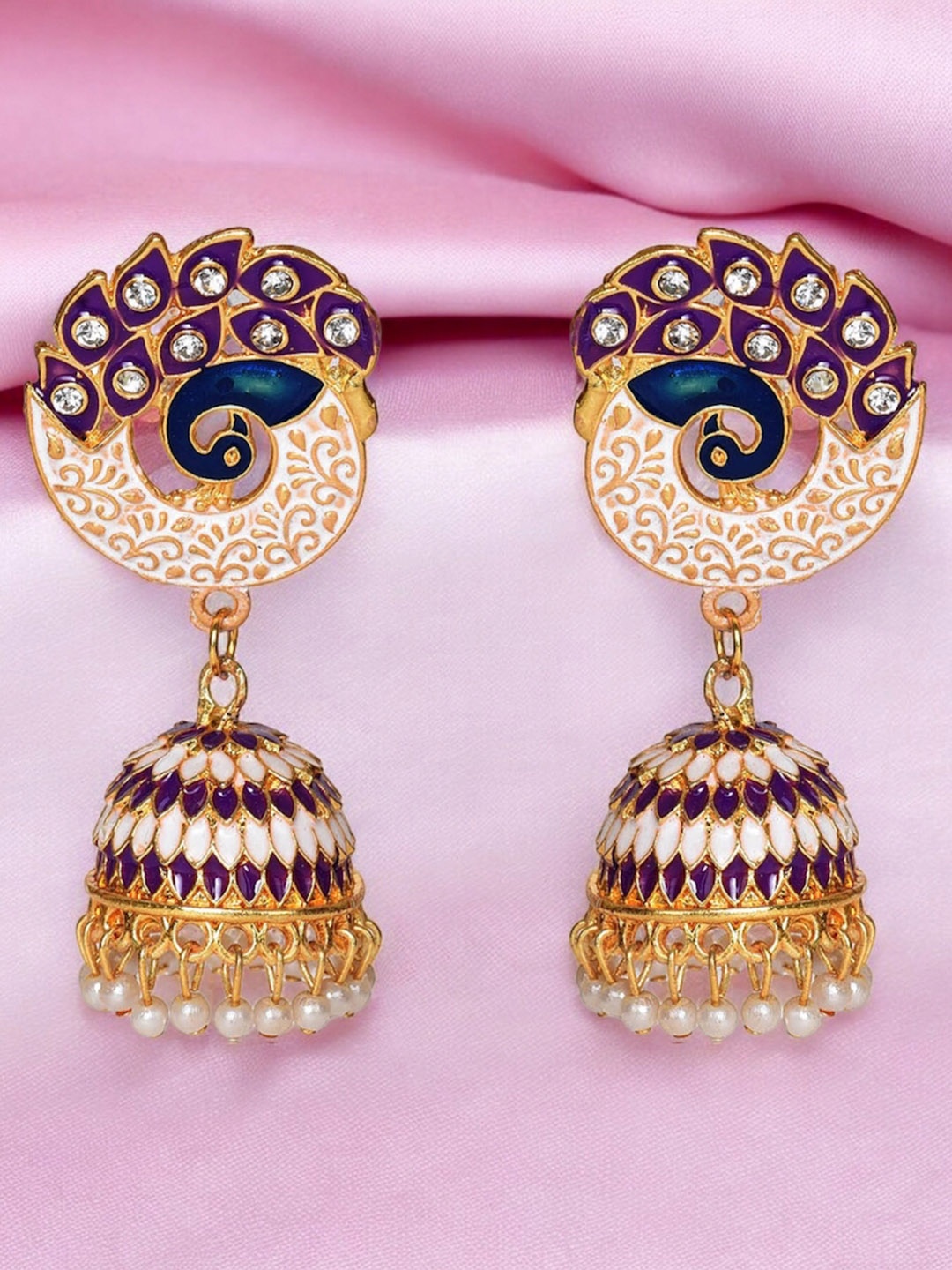 

Nilu's Collection Stone Studded & Beaded Peacock Shaped jhumkas, Gold