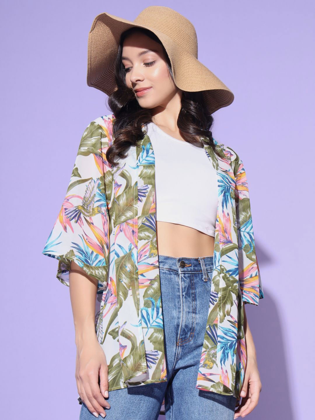 

BAESD Tropical Printed Open Front Shrug, White