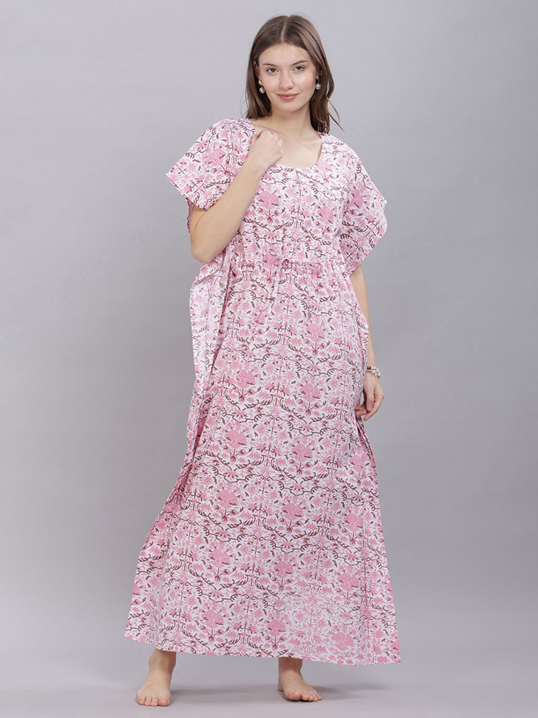 

NAIDU HALL Women Printed Maxi Kaftan Nightdress, Pink