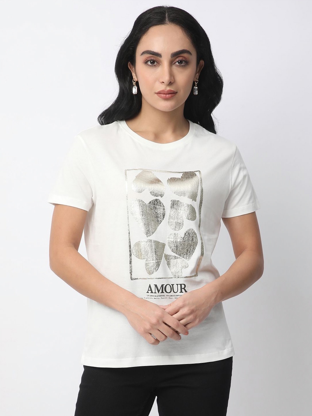 

R&B Women Graphic Printed Round Neck Cotton T-shirt, White