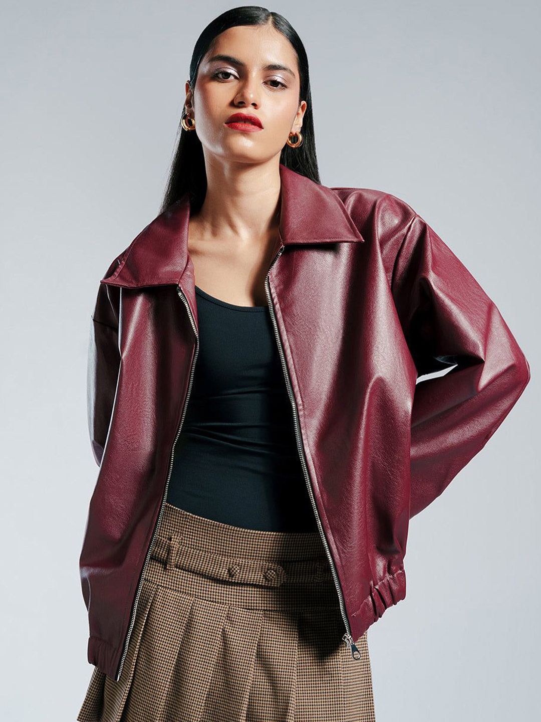 

FREAKINS Women Spread Collar Solid Casual Leather Jacket, Burgundy