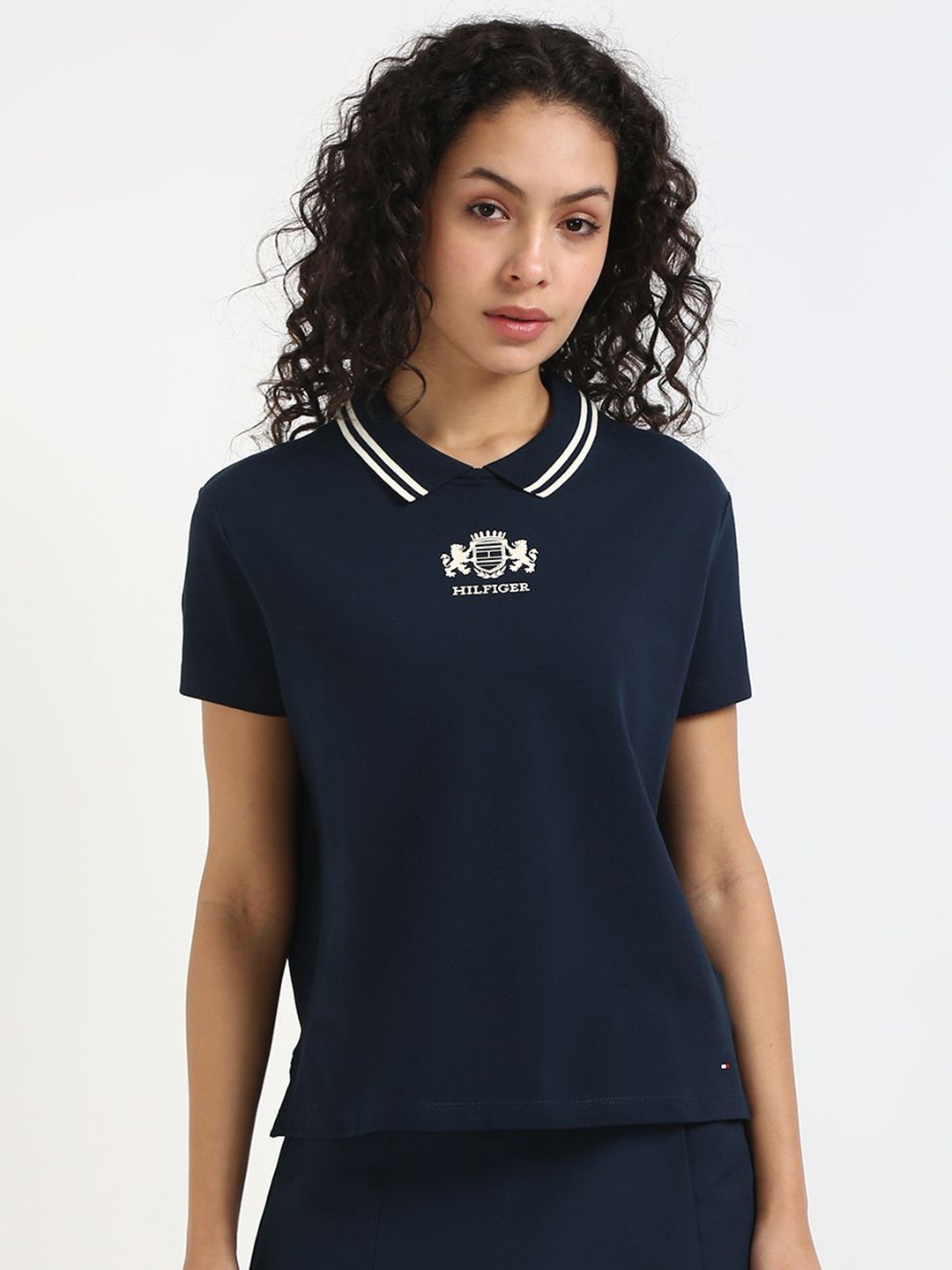 

Tommy Hilfiger Women Typography Printed Polo Collar Cotton T-shirt, Navy blue